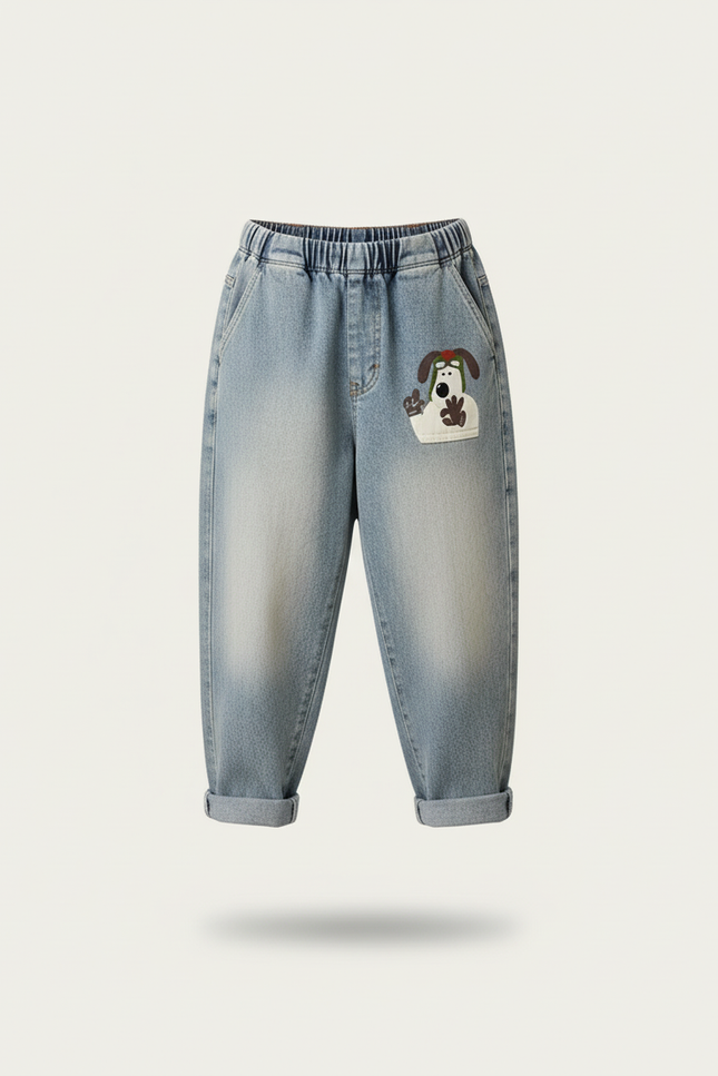 Pantalon Baggy Jean Bleu Délavé Ample Brodé - vue 3