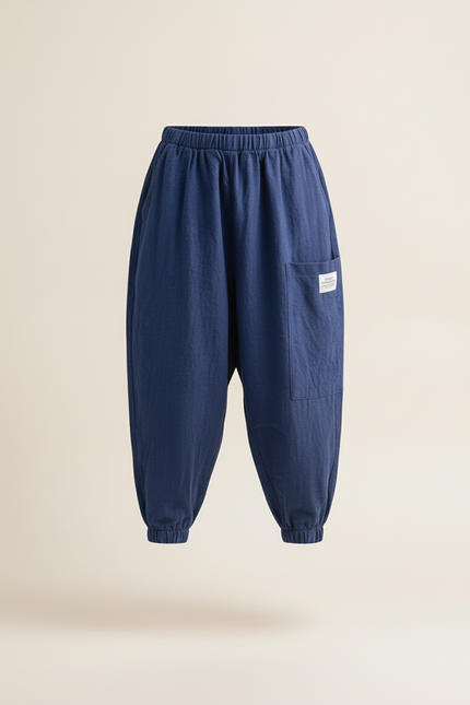 Pantalon Baggy Bleu Marine Ample Coton Lin Enfant - vue 3