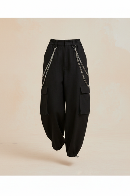 Pantalon Baggy Noir Cargo Chaînes Ample Femme - Toile - vue 3