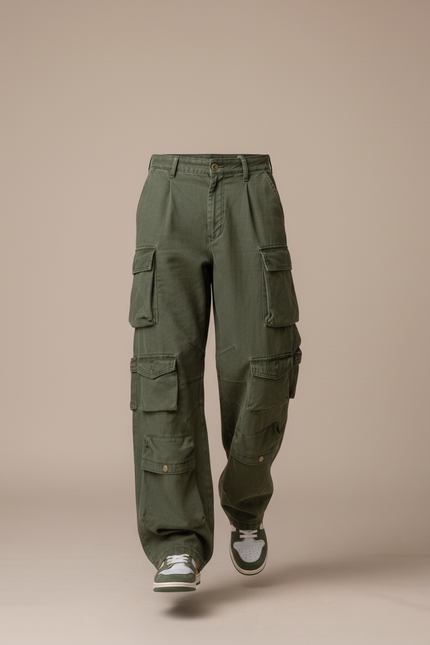 Pantalon Baggy Vert Militaire Ample Multi-Poches - Kaki Toile - vue 3