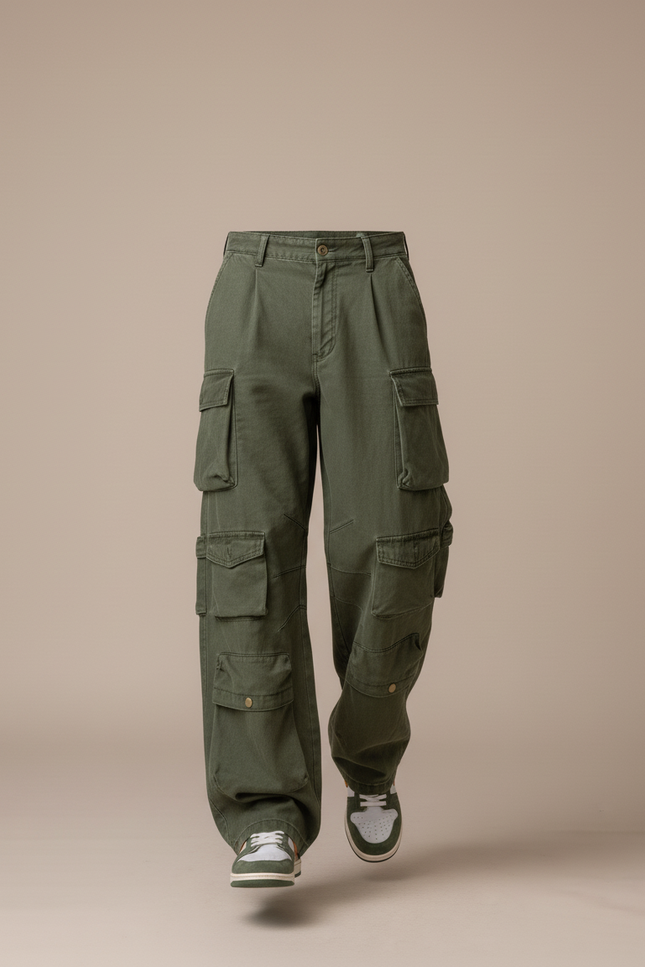 Pantalon Baggy Vert Militaire Ample Multi-Poches - Kaki Toile - vue 3