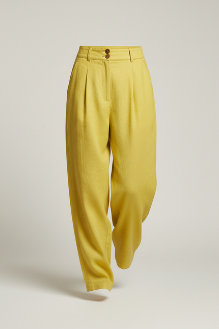 Pantalon Baggy Jaune Lin Ample Plissé Décontracté - vue 3