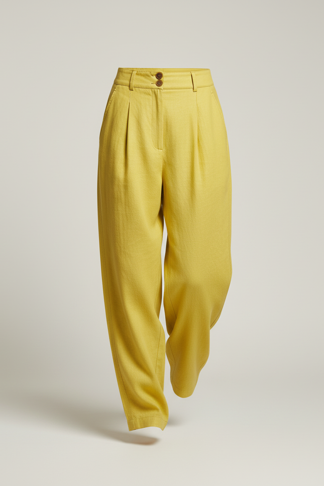 Pantalon Baggy Jaune Lin Ample Plissé Décontracté - vue 3