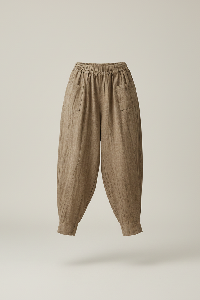 Pantalon Baggy Lin Plissé Ample Kaki Femme - vue 3