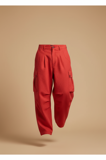 Pantalon Baggy Rouge Cargo Ample Lin Homme - vue 3