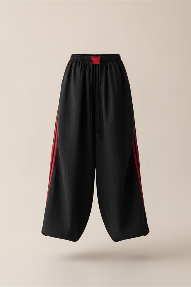 Pantalon Baggy Noir Rayures Rouges Ample Cordon - Coton - vue 3