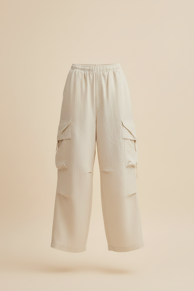 Pantalon Baggy Beige Lin Cargo Ample Décontracté - vue 3