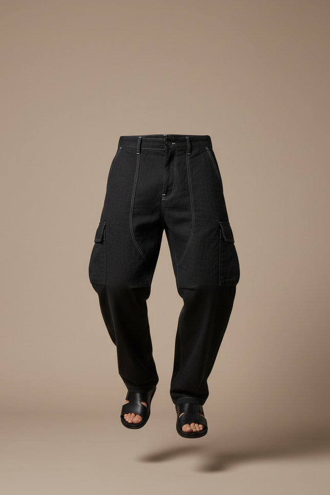 Pantalon Baggy Noir Ample Cargo Couture Utilité - Jean - vue 3