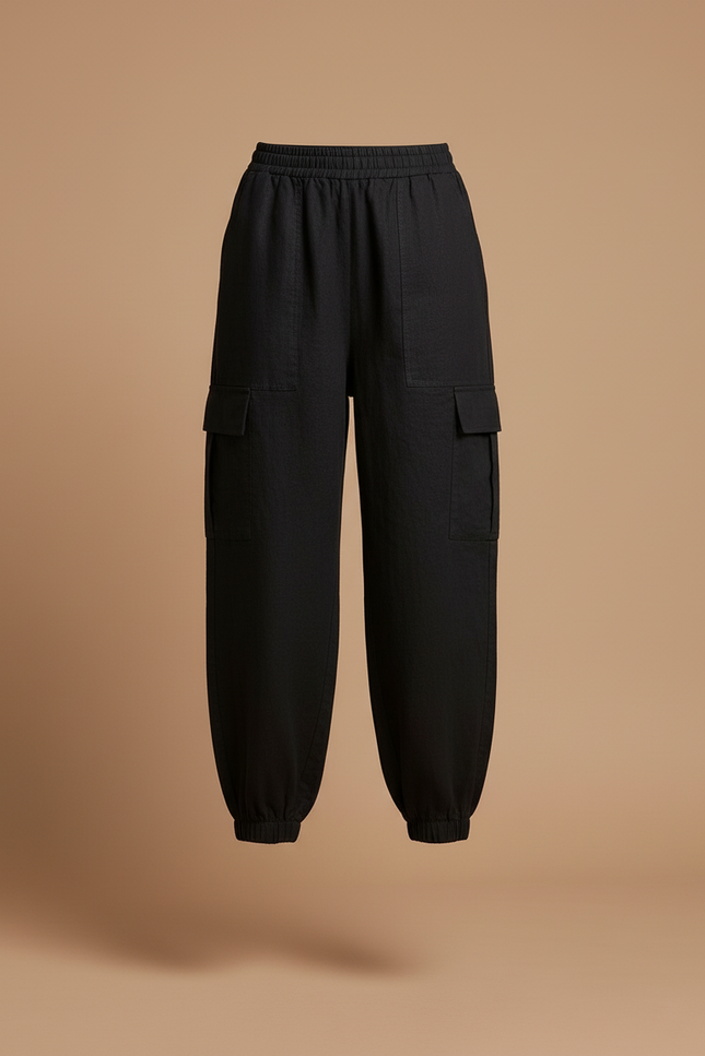 Pantalon Baggy Noir Lin Ample Cargo Cheville Élastique - vue 3