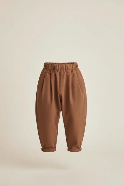Pantalon Baggy Marron Ample Coton Plissé Décontracté Enfant - vue 3