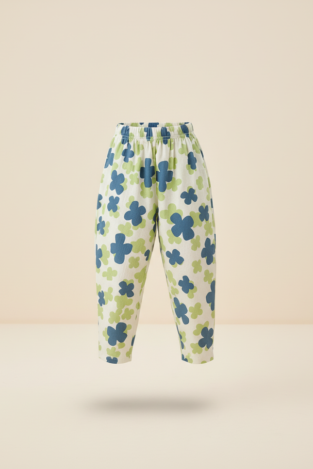 Pantalon Baggy Fleuri Vert Bleu Imprimé Décontracté - Lin - vue 3