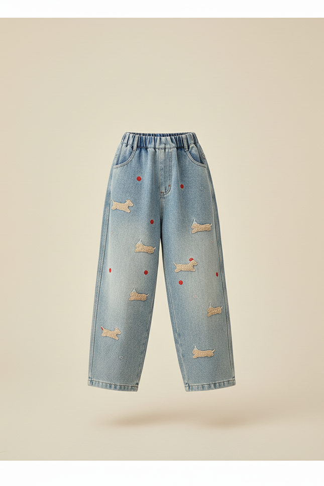 Pantalon Baggy Denim Bleu Brodé Chiens Ample Fille - Jean - vue 3
