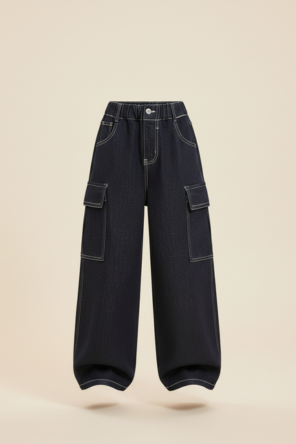 Pantalon Baggy Jean Denim Noir Ample Enfant - Marine - vue 3