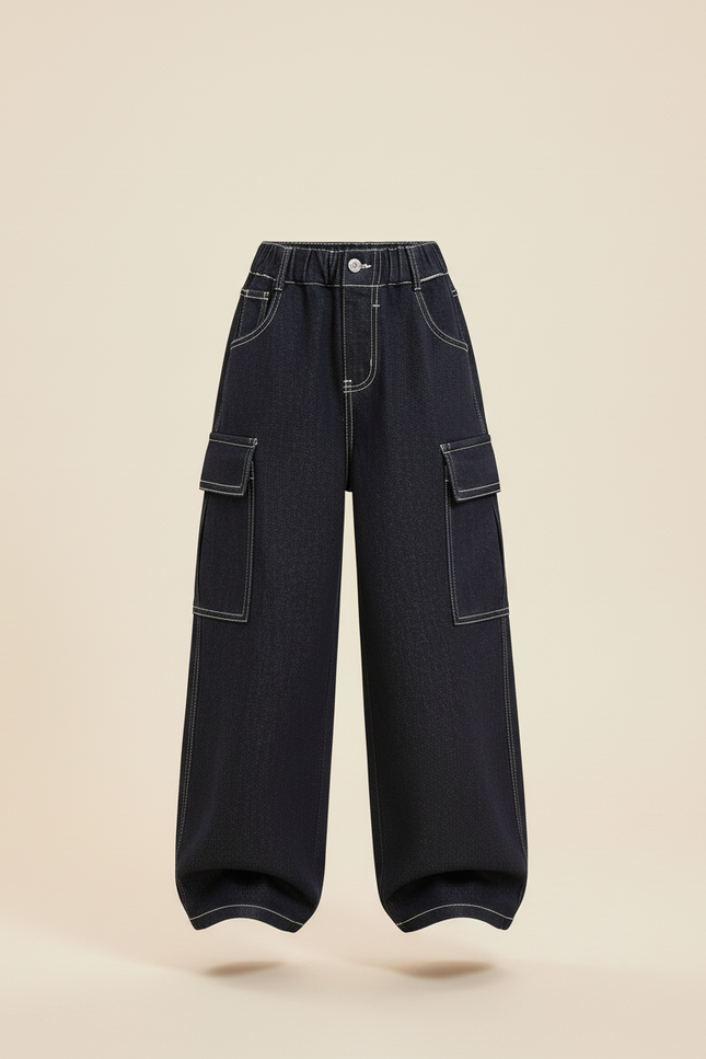 Pantalon Baggy Jean Denim Noir Ample Enfant - Marine - vue 3