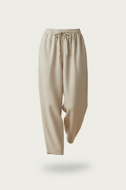Pantalon Baggy Beige Lin Ample Cordon Taille Haute - vue 3