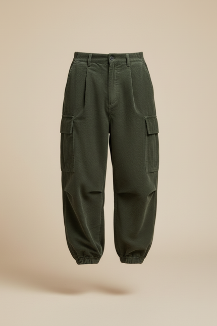 Pantalon Baggy Vert Côtelé Cargo Ample Homme - Cordé - vue 3