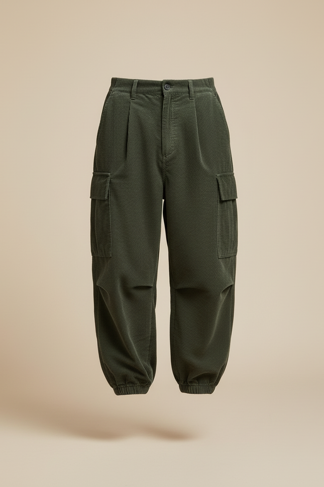 Pantalon Baggy Vert Côtelé Cargo Ample Homme - Cordé - vue 3