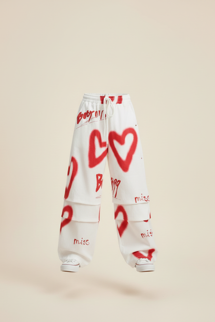 Pantalon Baggy Blanc Cœurs Rouges Ample Graffiti Fille - Molleton - vue 3