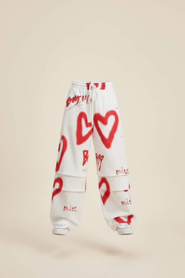 Pantalon Baggy Blanc Cœurs Rouges Ample Graffiti Fille - Molleton - vue 3
