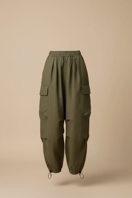 Pantalon Baggy Vert Kaki Ample Cargo Cordon Décontracté - Lin - vue 3