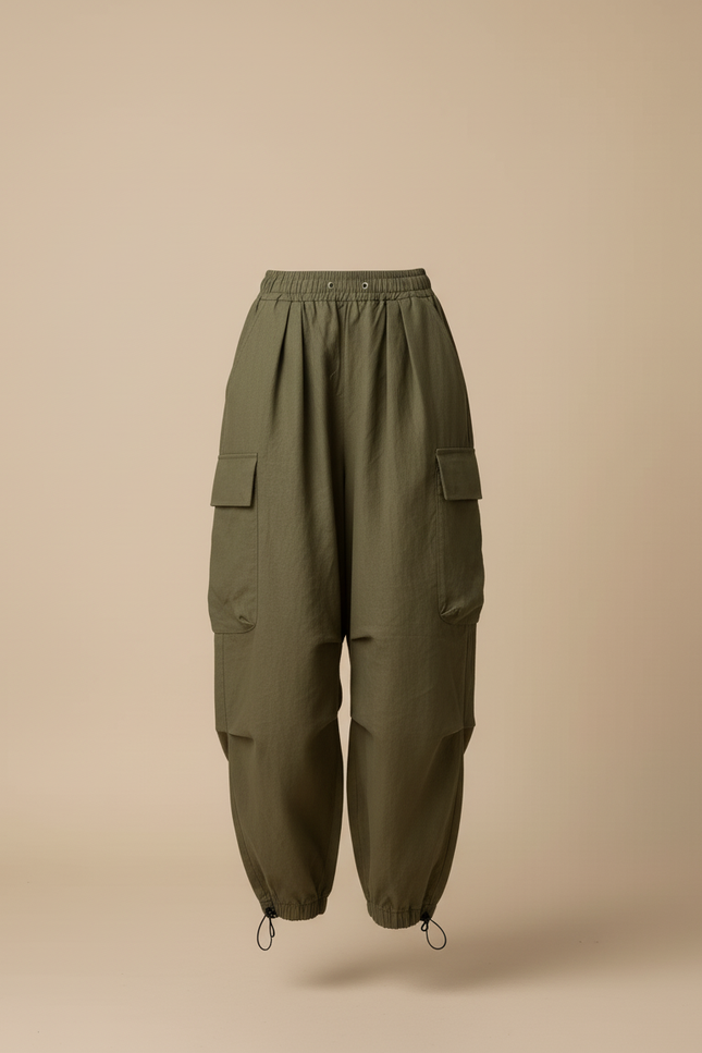 Pantalon Baggy Vert Kaki Ample Cargo Cordon Décontracté - Lin - vue 3