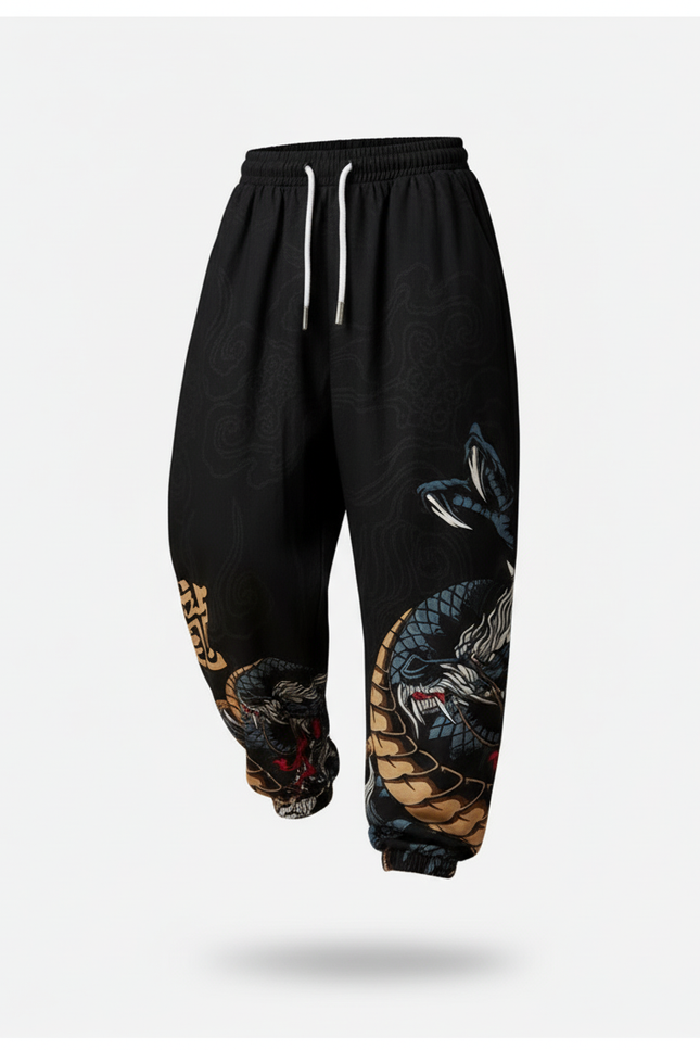 Pantalon Baggy Noir Dragon Imprimé Ample Cordon Garçon - Coton - vue 3