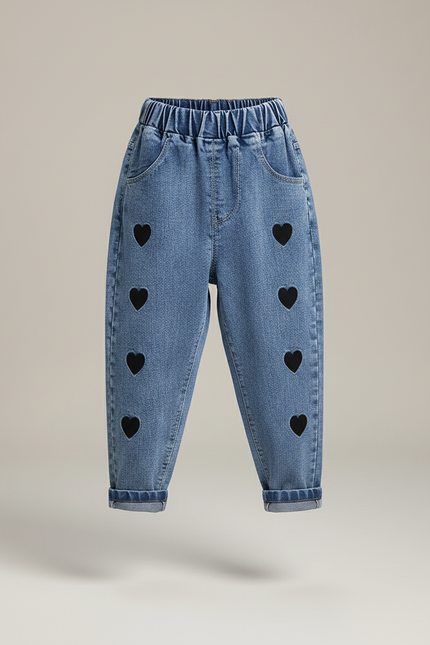 Pantalon Baggy Jean Bleu Cœurs Noirs Ample Enfant - vue 3