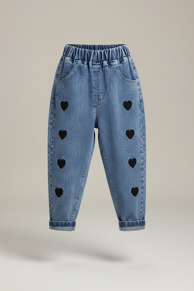 Pantalon Baggy Jean Bleu Cœurs Noirs Ample Enfant - vue 3