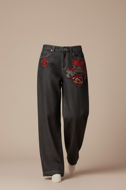 Pantalon Baggy Gris Foncé Brodé Streetwear Femme - Jean - vue 3