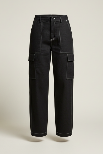 Pantalon Baggy Noir Cargo Décontracté Surpiqûres Blanches - Jean - vue 3
