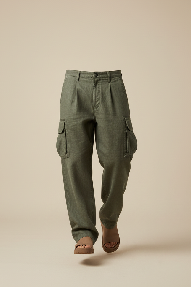 Pantalon Baggy Cargo Vert Olive Ample Plissé Décontracté - Kaki Toile - vue 3