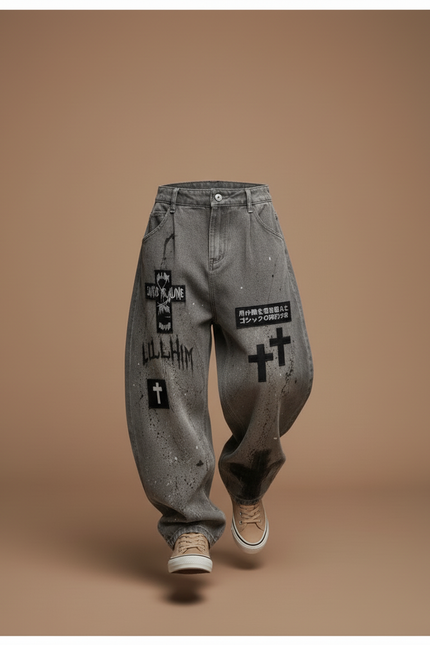 Pantalon Baggy Gris Délavé Ample Imprimé Croix - Jean - vue 3