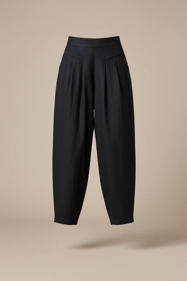 Pantalon Baggy Noir Lin Fluide Plissé Ample Femme - vue 3