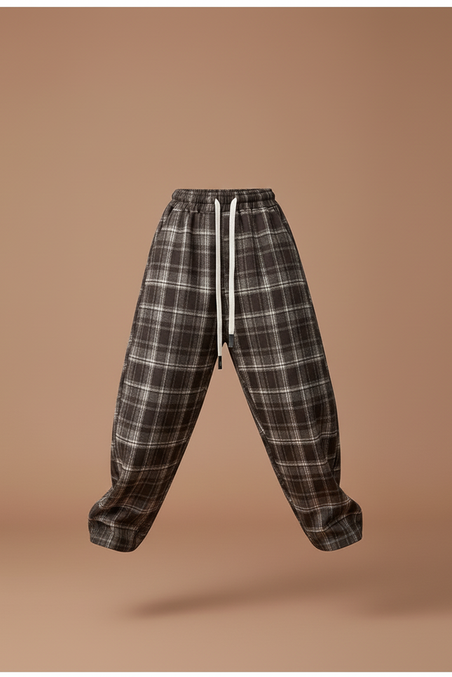 Pantalon Baggy Plaid Marron Coton Ample Fille - Tweed - vue 3