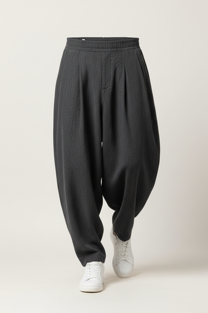 Pantalon Baggy Gris Foncé Ample Plissé Décontracté Homme - Laine - vue 3