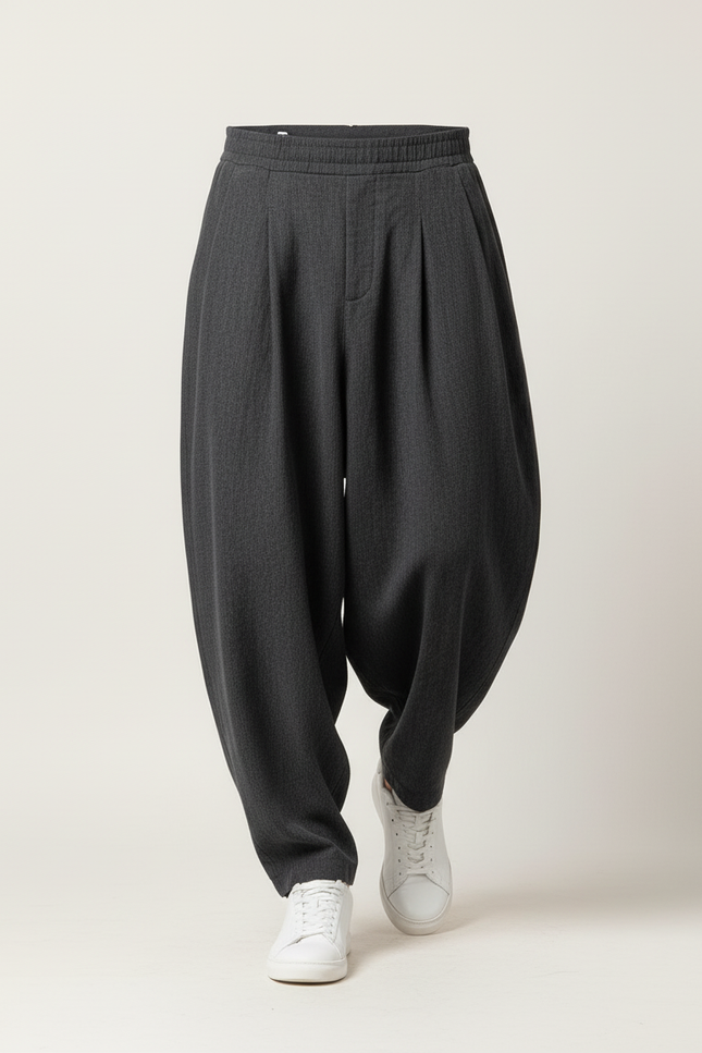 Pantalon Baggy Gris Foncé Ample Plissé Décontracté Homme - Laine - vue 3