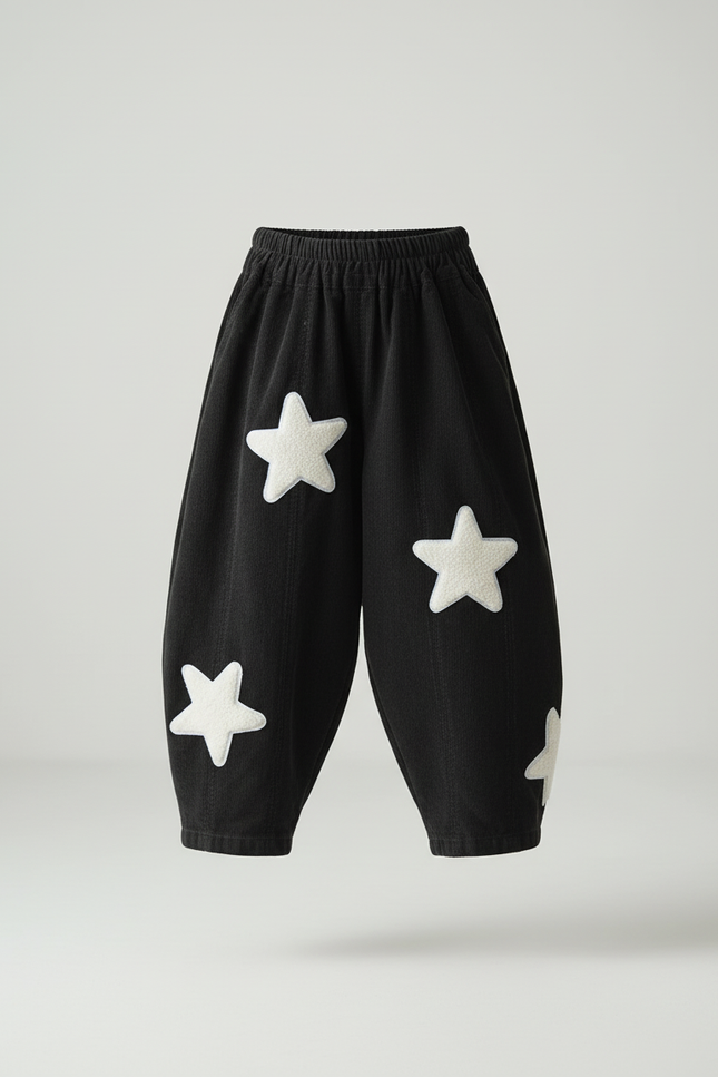 Pantalon Baggy Noir Côtelé Étoiles Ample Enfant - Cordé - vue 3
