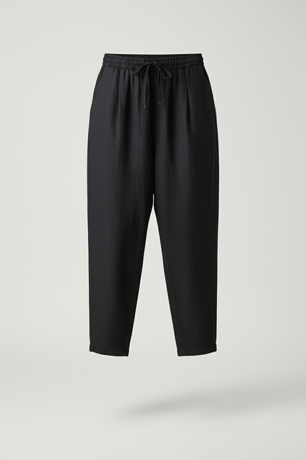 Pantalon Baggy Femme Noir Taille Élastique Toile - Lin - vue 3