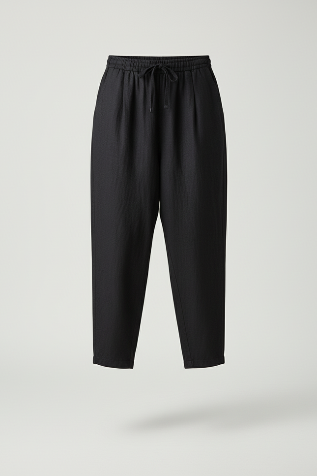 Pantalon Baggy Femme Noir Taille Élastique Toile - Lin - vue 3