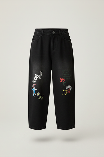 Pantalon Baggy Noir Ample Dessins Colorés Enfant - Jean - vue 3