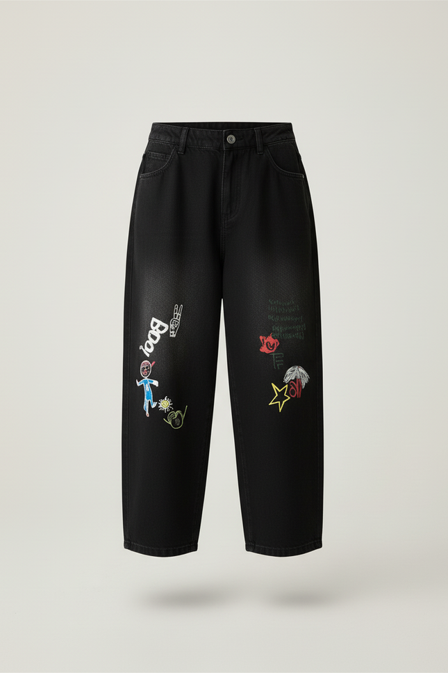Pantalon Baggy Noir Ample Dessins Colorés Enfant - Jean - vue 3
