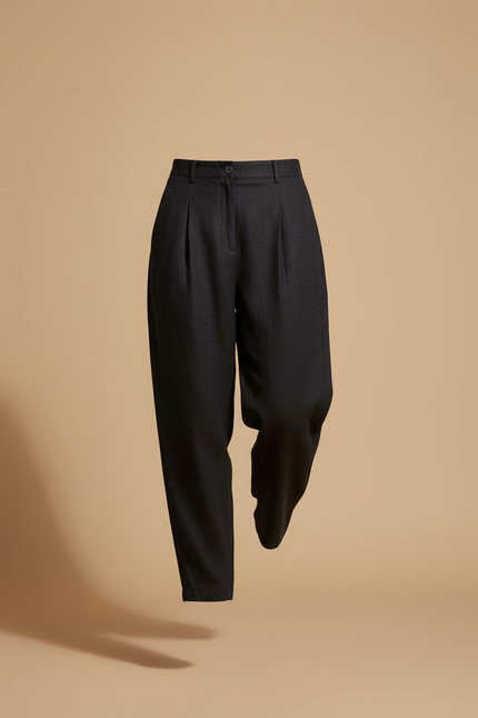 Pantalon Baggy Noir Lin Plissé Décontracté Ample - vue 3