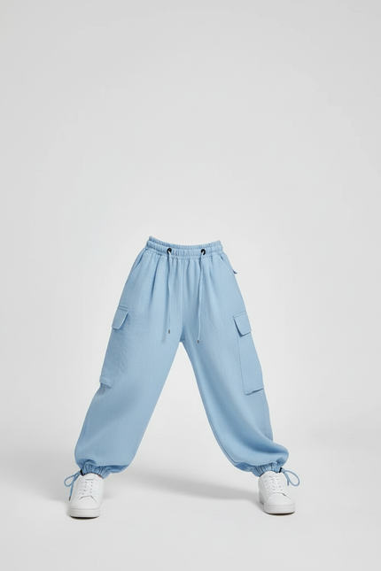 Pantalon Baggy Bleu Clair Cargo Ample Coton Enfant - vue 3
