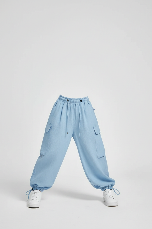 Pantalon Baggy Bleu Clair Cargo Ample Coton Enfant - vue 3