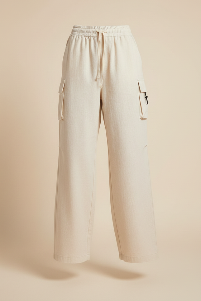 Pantalon Baggy Beige Coton Ample Cargo Cordon - vue 3