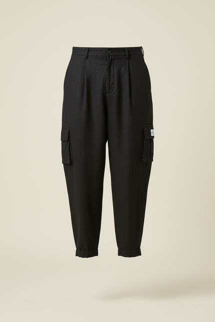 Pantalon Baggy Noir Lin Cargo Ample Décontracté Homme - vue 3