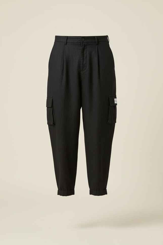 Pantalon Baggy Noir Lin Cargo Ample Décontracté Homme - vue 3