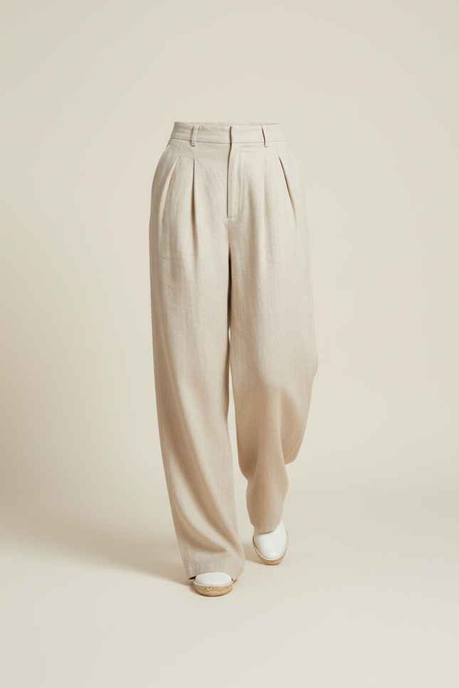 Pantalon Baggy Beige Plissé Taille Haute Fluide - Lin - vue 3