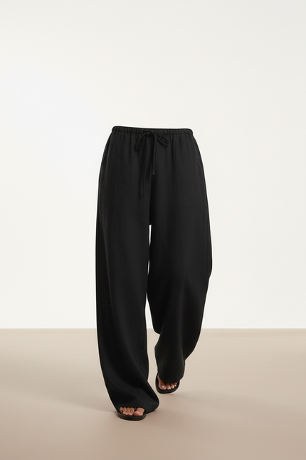Pantalon Baggy Noir Ample Fluide Cordon - Lin - vue 3