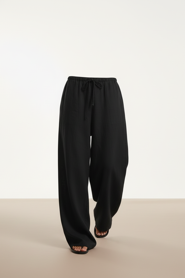 Pantalon Baggy Noir Ample Fluide Cordon - Lin - vue 3